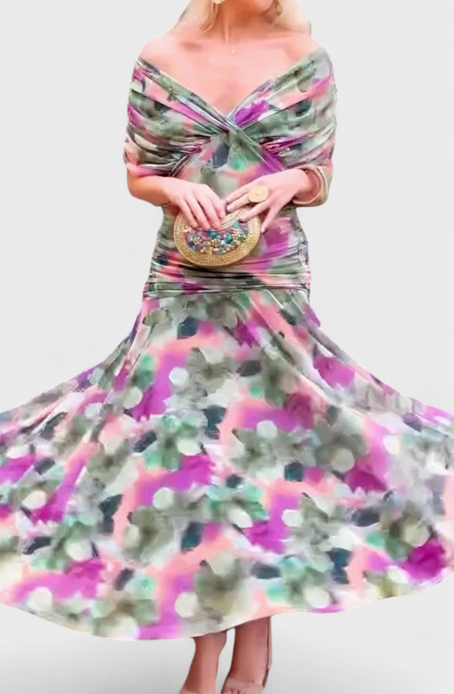 Women's Off-Shoulder V-Neck Pleated-Waist Elegant Maxi Dress