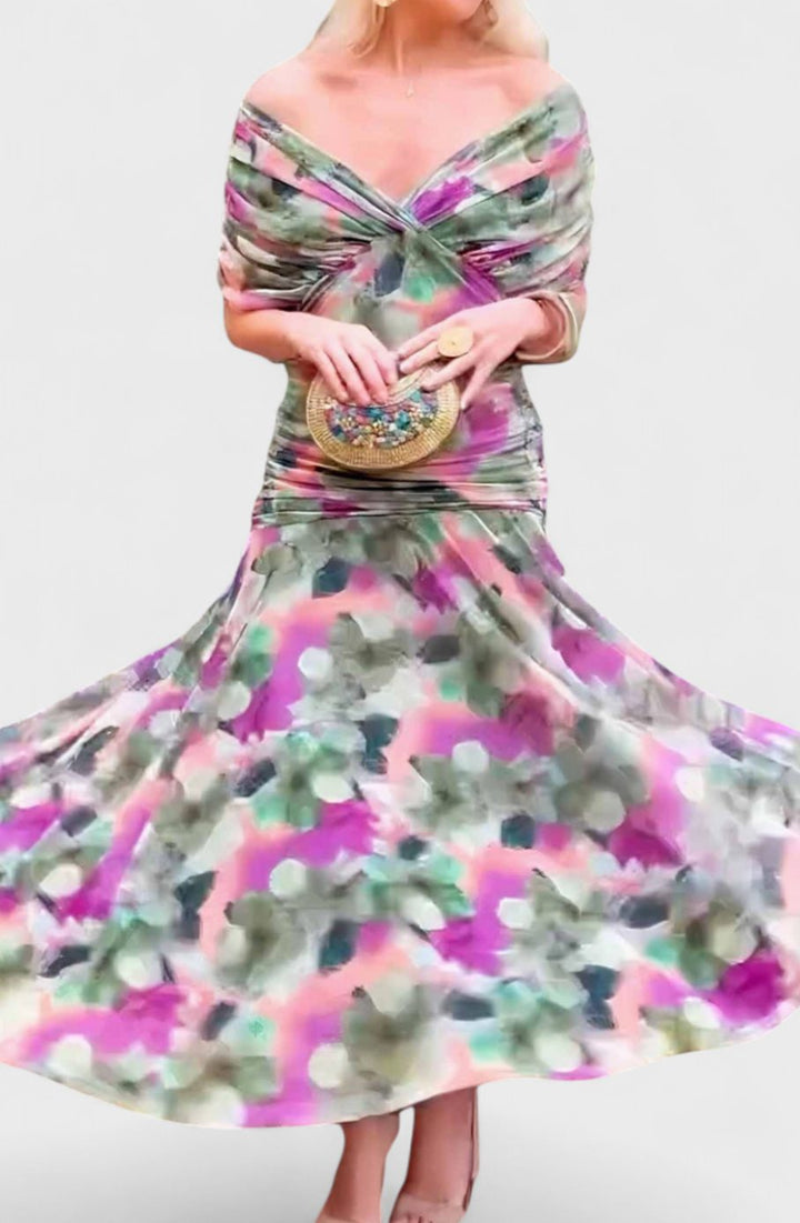 Women's Off-Shoulder V-Neck Pleated-Waist Elegant Maxi Dress