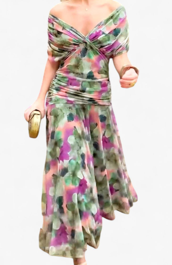 Women's Off-Shoulder V-Neck Pleated-Waist Elegant Maxi Dress