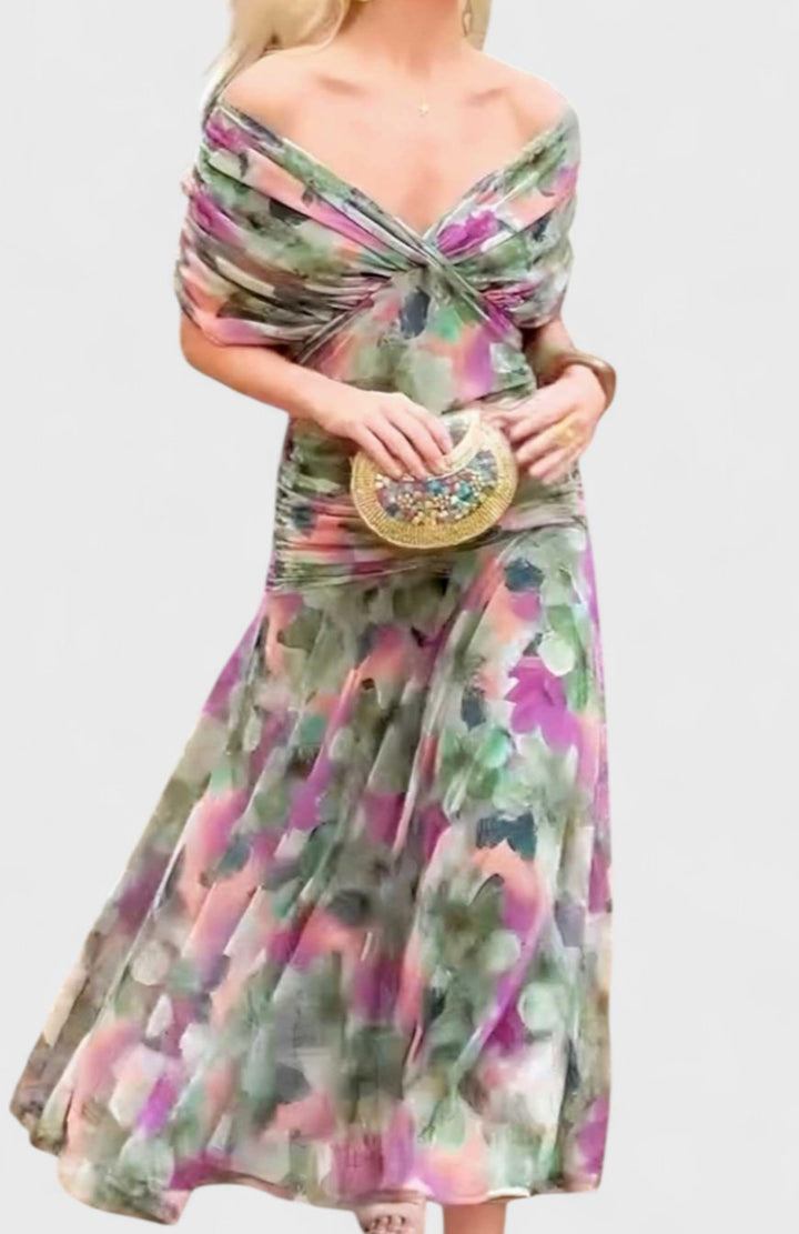 Women's Off-Shoulder V-Neck Pleated-Waist Elegant Maxi Dress