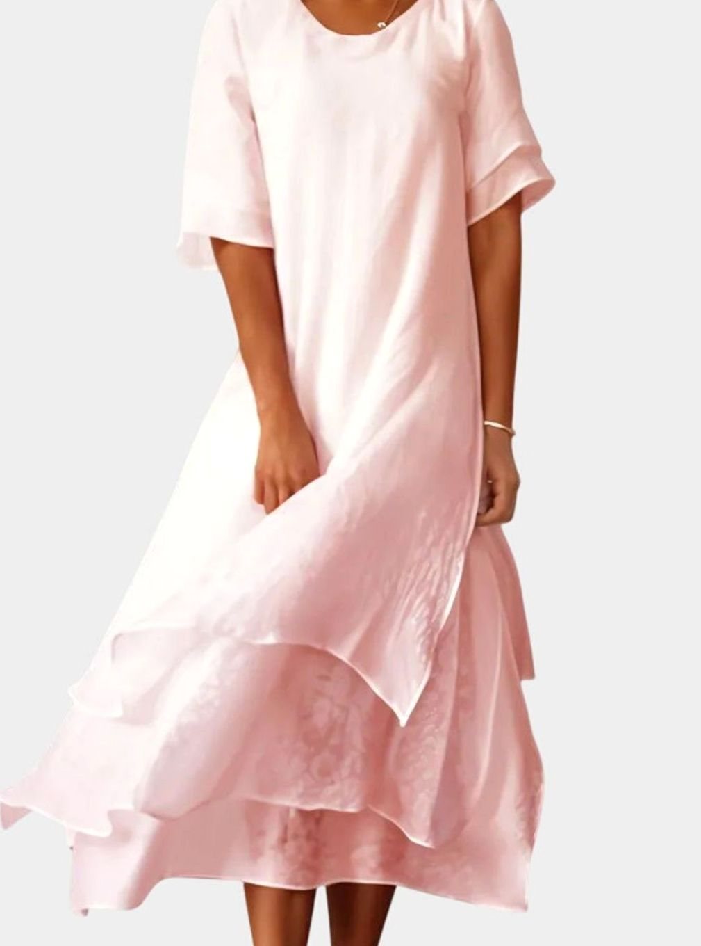 Women's Open-Neckline Layered Midi Dress Fluid Short-Sleeve - Pink