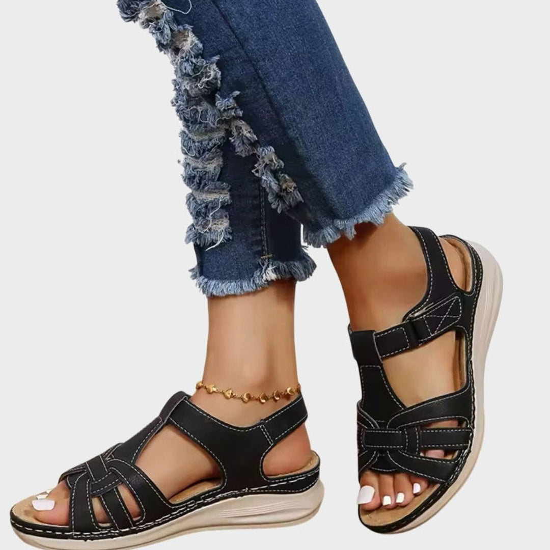 Women's Orthopedic Arch-Support Adjustable Strap Wedge Sandals - Black