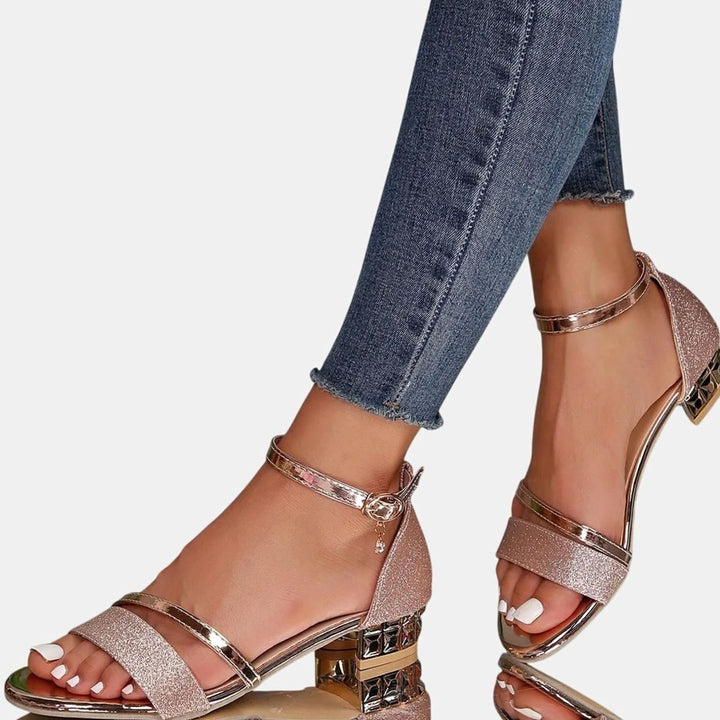 Women's Orthopedic Block-Heel Ankle-Strap Glitter Heeled Sandals - Rose Gold
