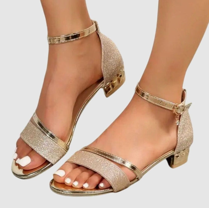Women's Orthopedic Block-Heel Ankle-Strap Glitter Heeled Sandals - Gold