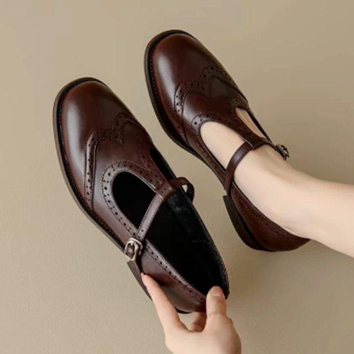 Women's Orthopedic Brogue T-Bar Mary Jane Shoes - Brown