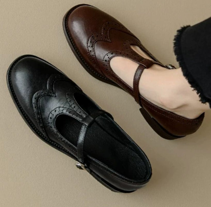 Women's Orthopedic Brogue T-Bar Mary Jane Shoes - Black