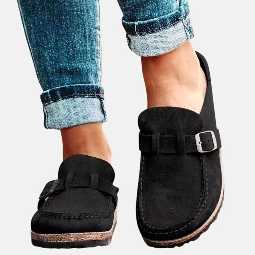 Women's Orthopedic Clogs Suede Buckle Slip-On Loafers - Black