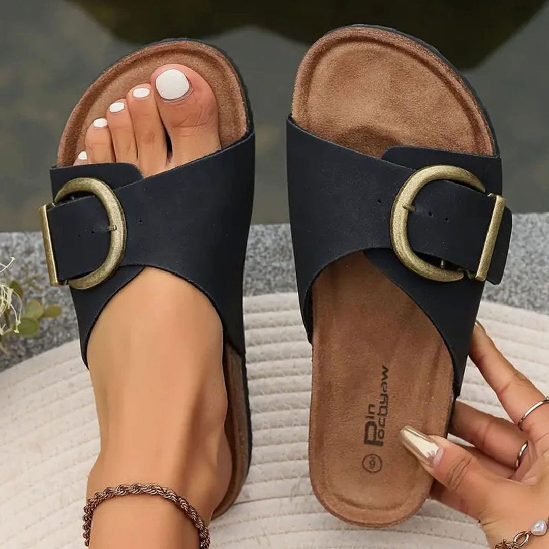 Women's Orthopedic Cork-Sole Buckle Slide Sandals - Black