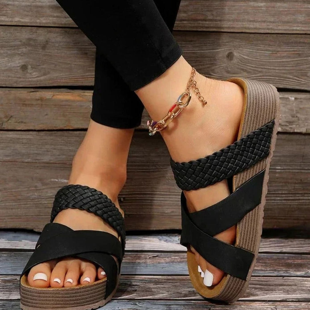 Women's Orthopedic Cross-Strap Platform Sandals - Black
