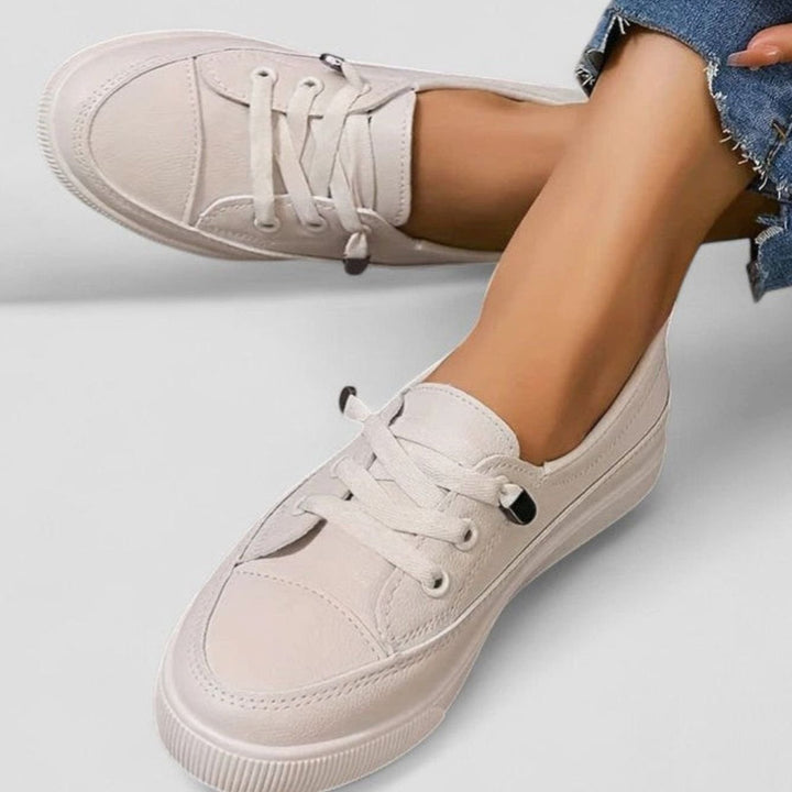 Women's Orthopedic Cushioned Insole Low-Top Lace-Up Sneakers - Beige