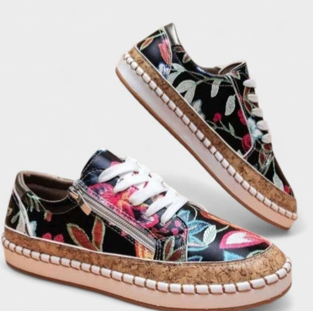 Women's Orthopedic Floral Lace-Up Cork-Sole Sneakers - Black Exotic