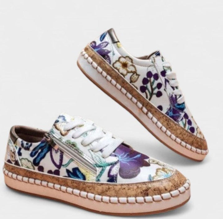 Women's Orthopedic Floral Lace-Up Cork-Sole Sneakers - Blue Flora