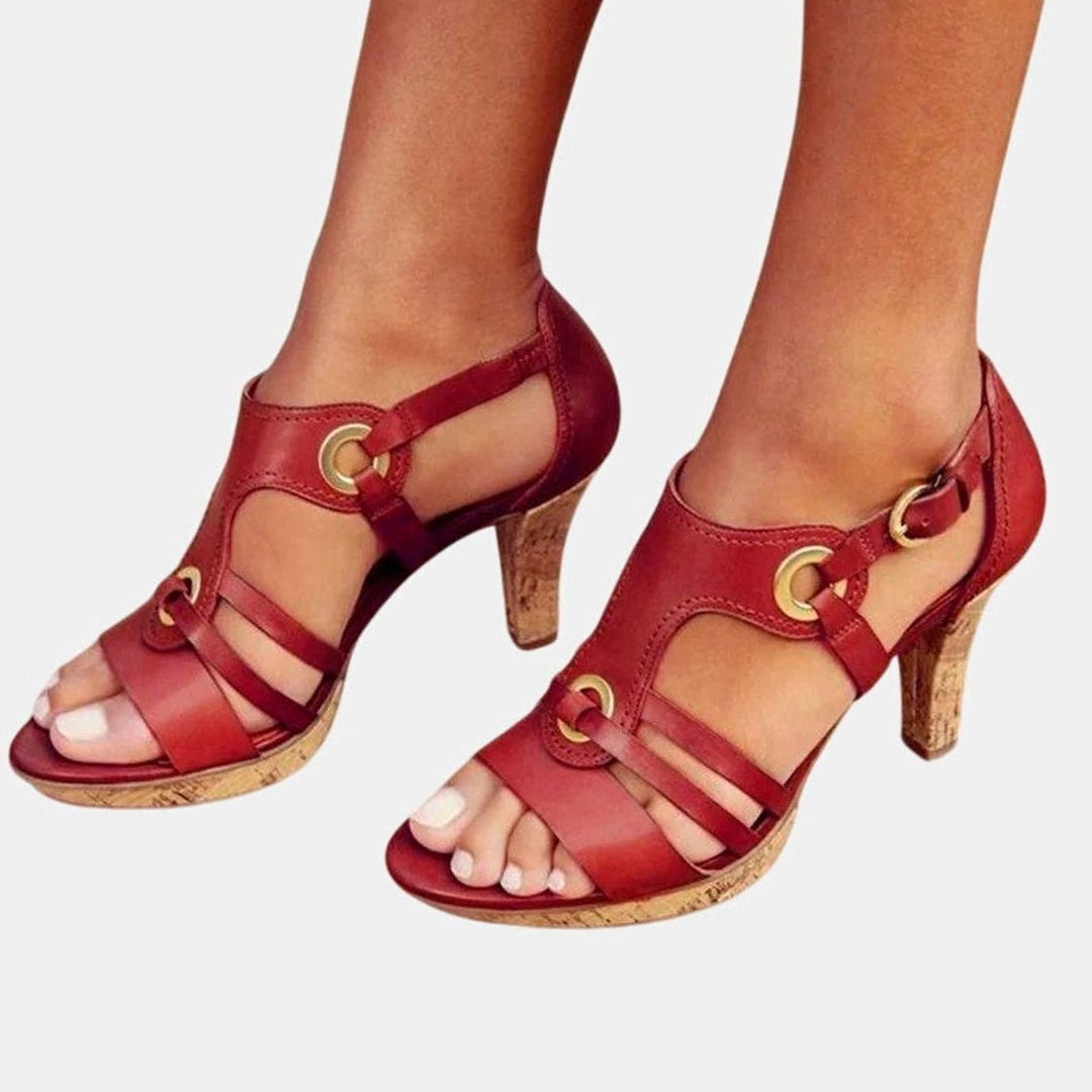 Women's Orthopedic Heels Open-Toe Strappy Cork-Heel Sandals - Scarlet Red