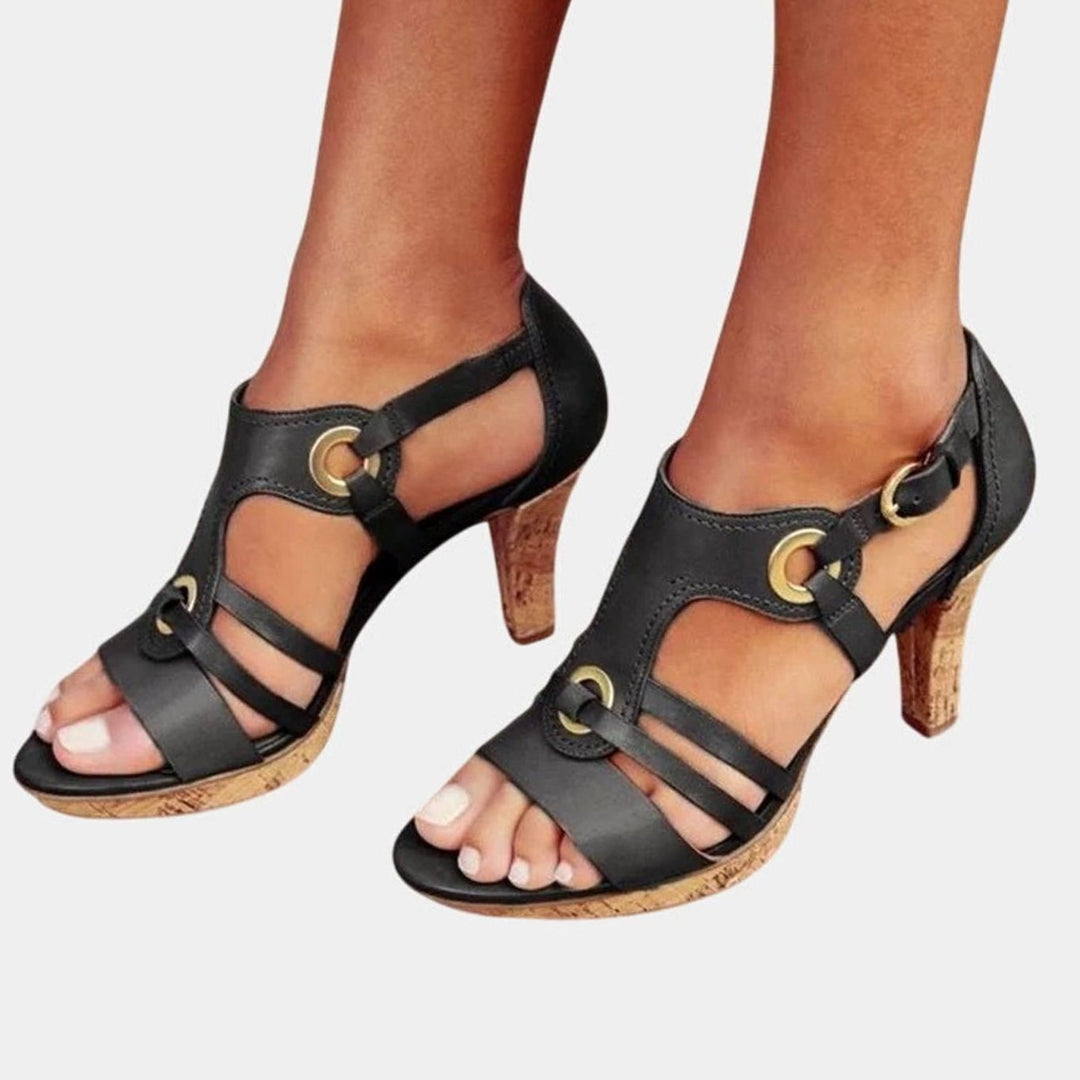Women's Orthopedic Heels Open-Toe Strappy Cork-Heel Sandals - Sapphire Black