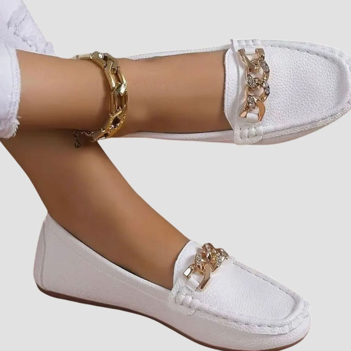Women's Orthopedic Loafers Cushioned Slip-On Flats Gold Chain Detail - White