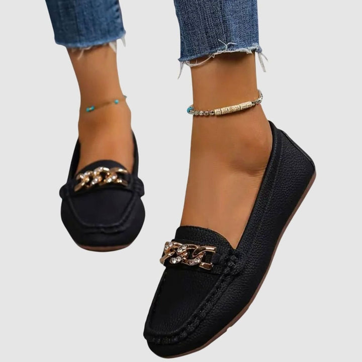 Women's Orthopedic Loafers Cushioned Slip-On Flats Gold Chain Detail - Black