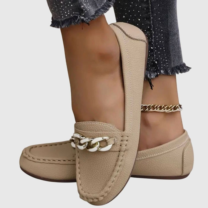 Women's Orthopedic Loafers Cushioned Slip-On Flats Gold Chain Detail - Beige