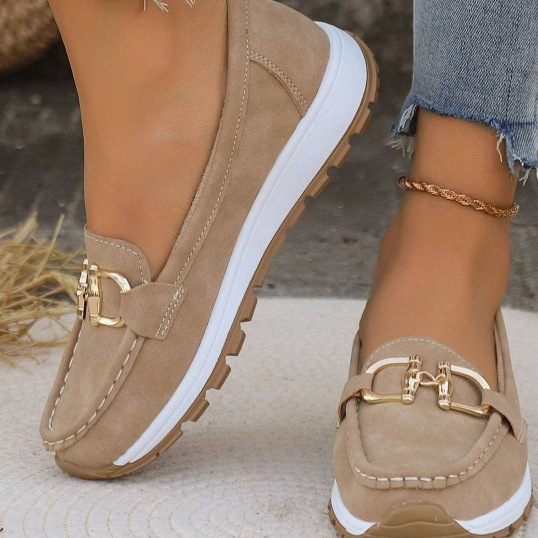 Women's Orthopedic Loafers Suede Slip-On Gold Buckle Flatform Shoes