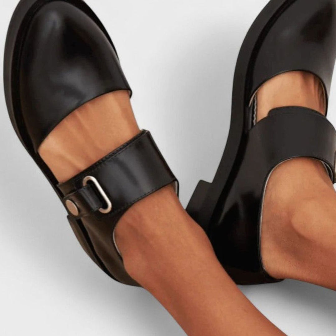Women's Orthopedic Mary Jane Shoes Buckle-Strap Low-Heel Flats - Black