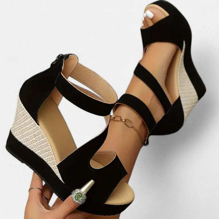 Women's Orthopedic Open-Toe Elastic Strap Wedge Sandals - Black