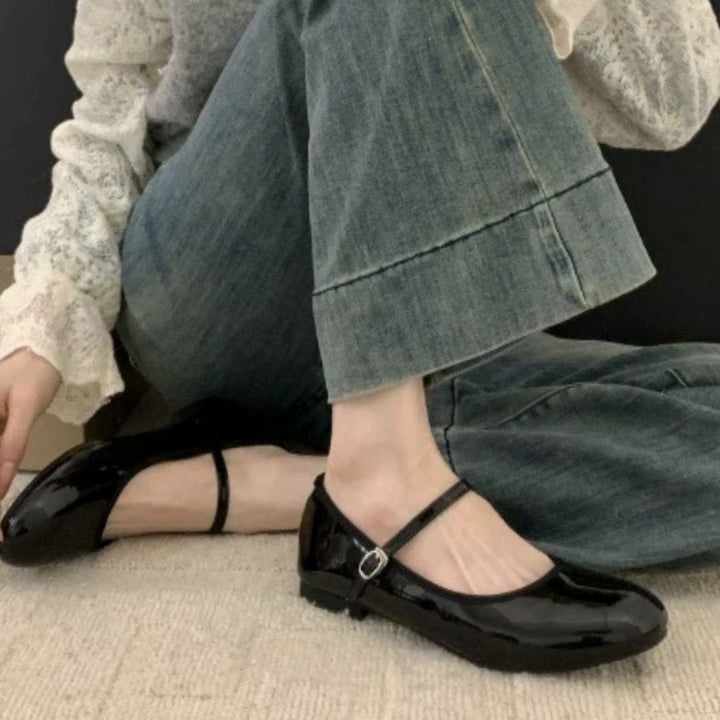 Women's Orthopedic Patent Mary Jane Shoes Cushioned Flat - Black