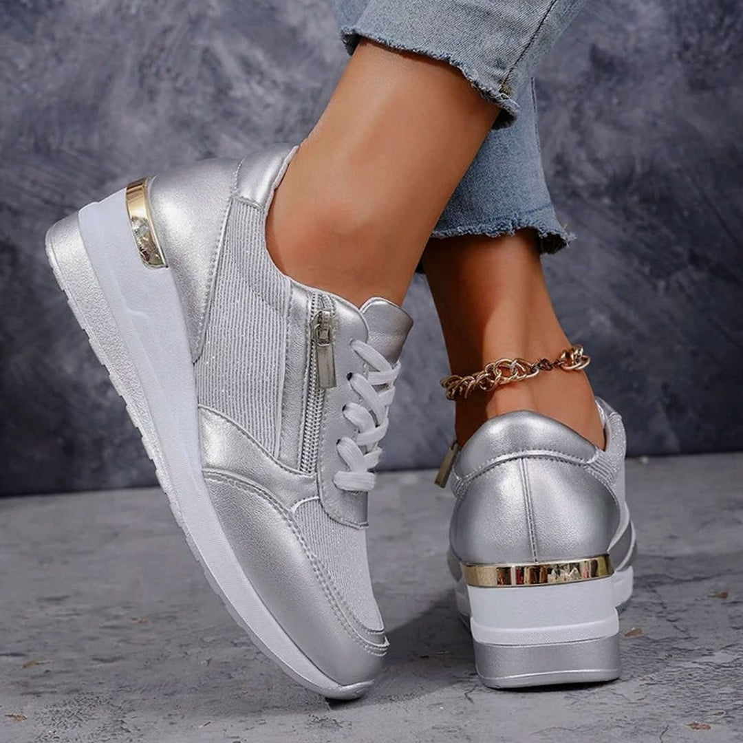 Women's Orthopedic Platform Sneakers Metallic Zip-Up Lace-Up - Silver