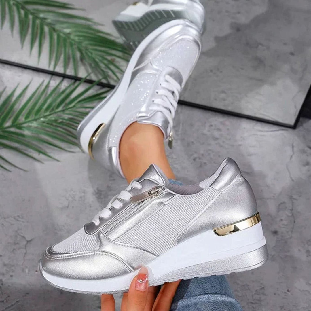 Women's Orthopedic Platform Sneakers Metallic Zip-Up Lace-Up