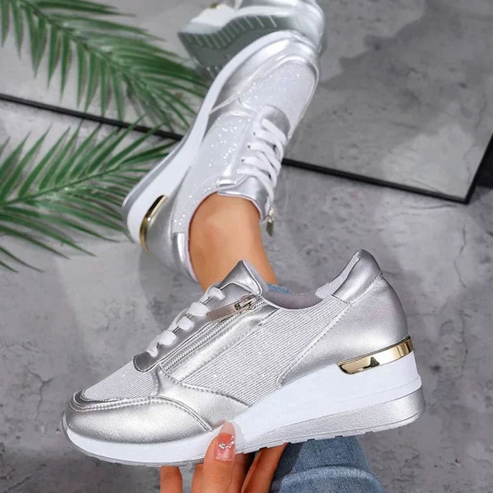 Women's Orthopedic Platform Sneakers Metallic Zip-Up Lace-Up