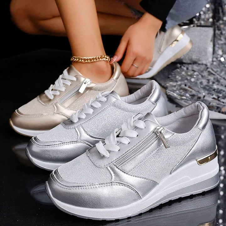Women's Orthopedic Platform Sneakers Metallic Zip-Up Lace-Up