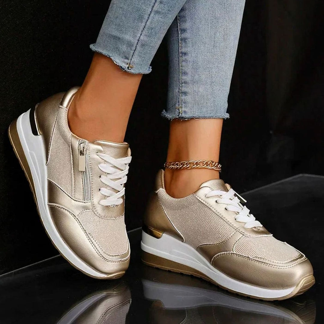 Women's Orthopedic Platform Sneakers Metallic Zip-Up Lace-Up - Gold