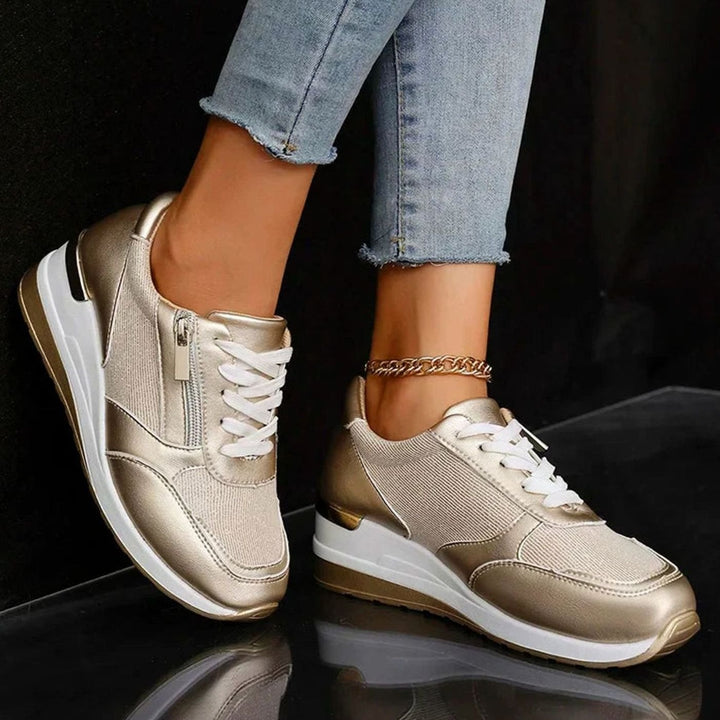 Women's Orthopedic Platform Sneakers Metallic Zip-Up Lace-Up - Gold