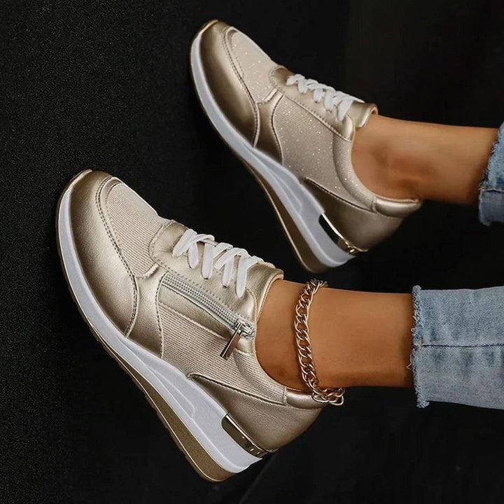 Women's Orthopedic Platform Sneakers Metallic Zip-Up Lace-Up