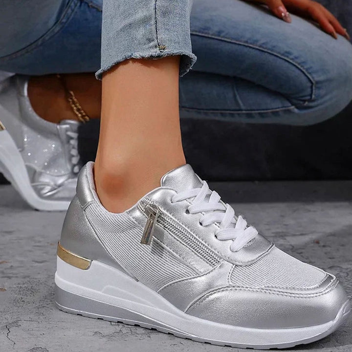 Women's Orthopedic Platform Sneakers Metallic Zip-Up Lace-Up