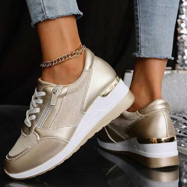 Women's Orthopedic Platform Sneakers Metallic Zip-Up Lace-Up