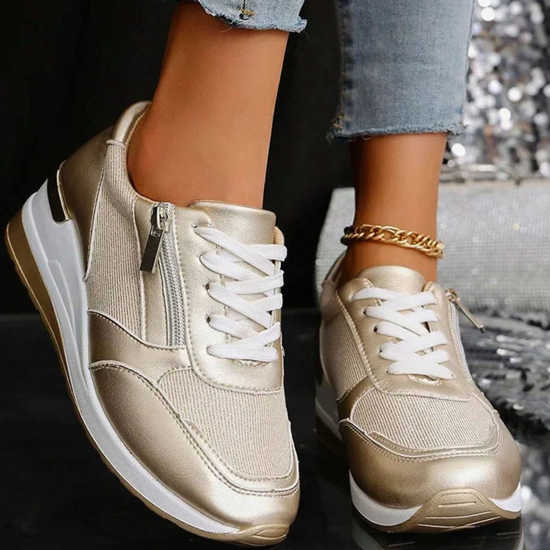 Women's Orthopedic Platform Sneakers Metallic Zip-Up Lace-Up
