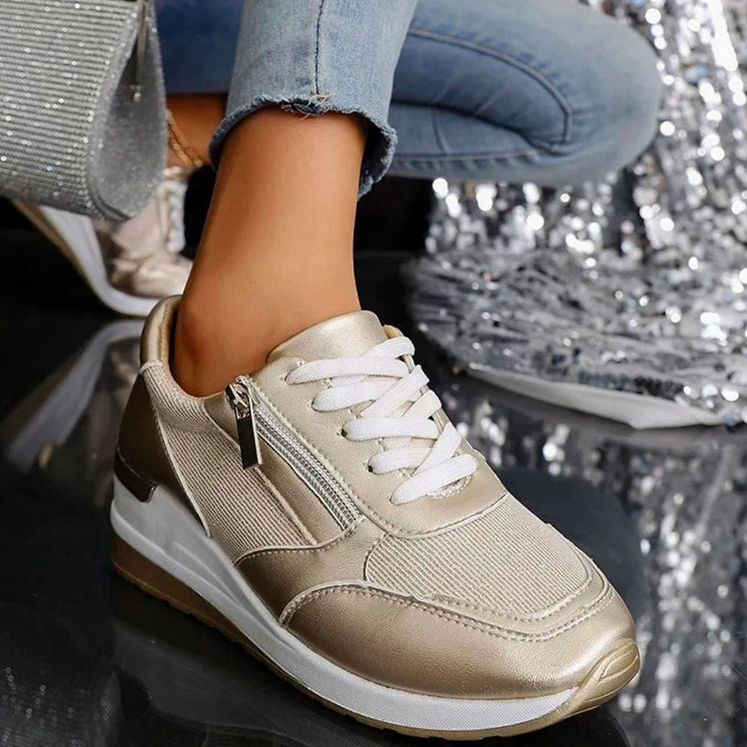 Women's Orthopedic Platform Sneakers Metallic Zip-Up Lace-Up