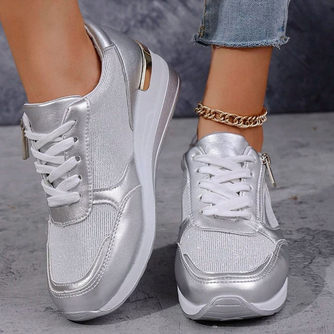 Women's Orthopedic Platform Sneakers Metallic Zip-Up Lace-Up