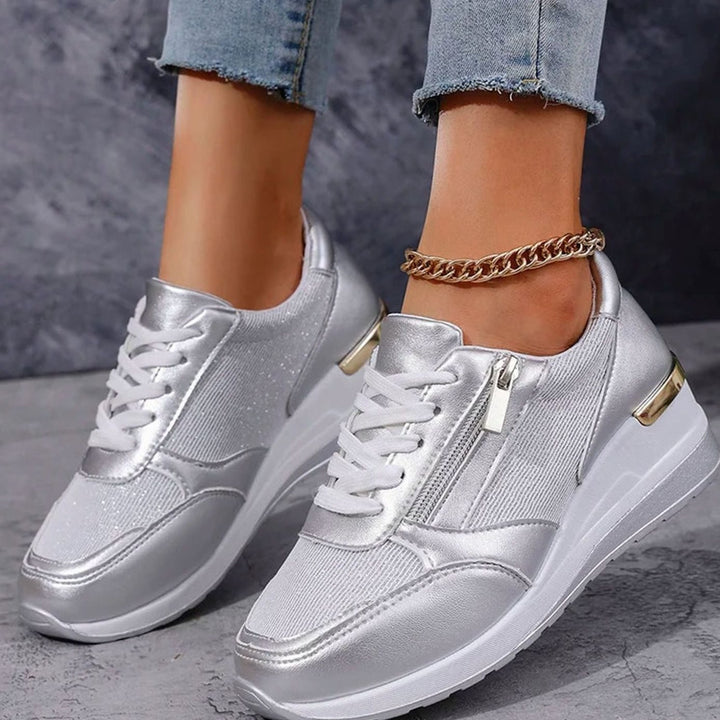 Women's Orthopedic Platform Sneakers Metallic Zip-Up Lace-Up