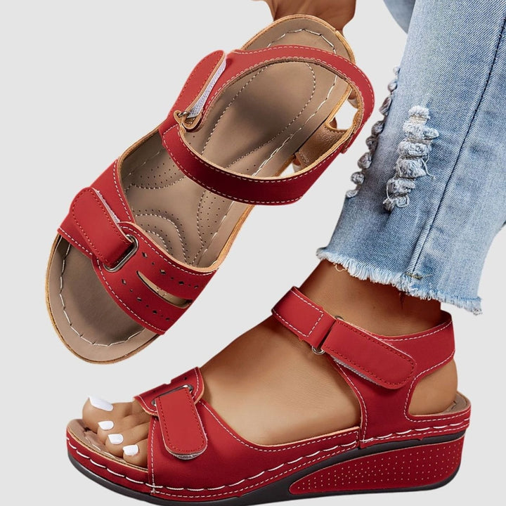 Women's Orthopedic Sandals Arch Support Velcro Wedge Open-Toe - Red