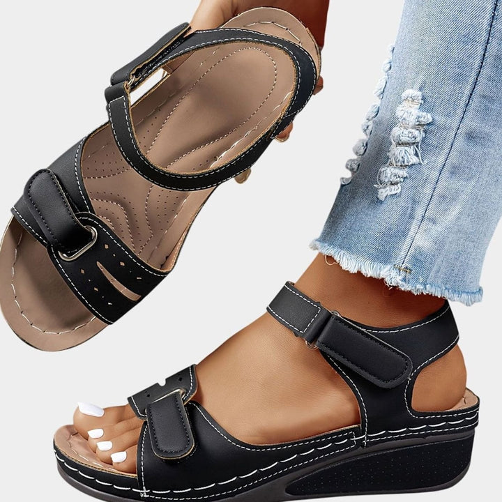 Women's Orthopedic Sandals Arch Support Velcro Wedge Open-Toe - Black
