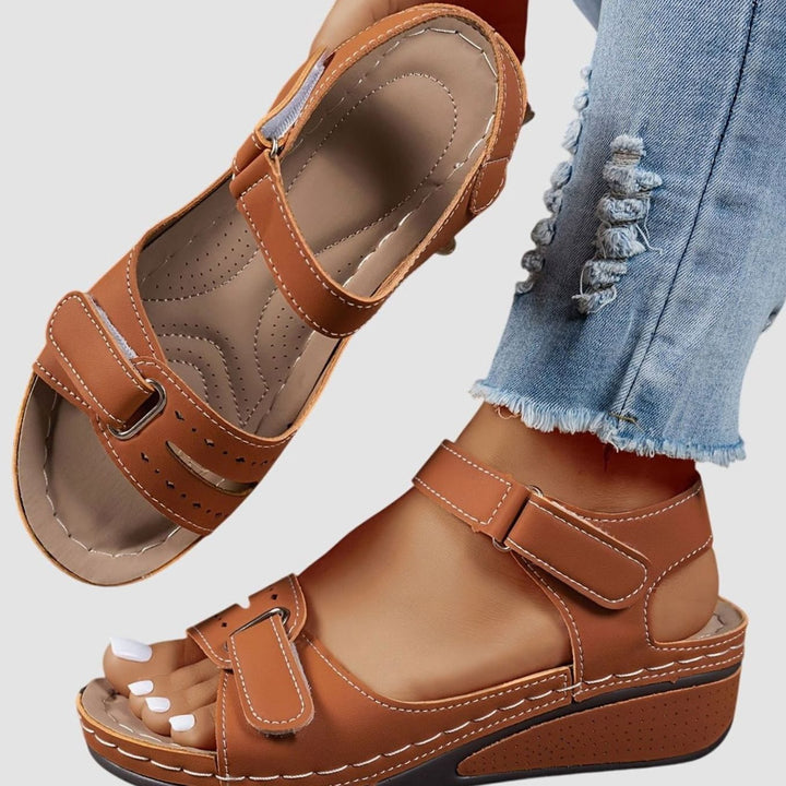 Women's Orthopedic Sandals Arch Support Velcro Wedge Open-Toe - Brown