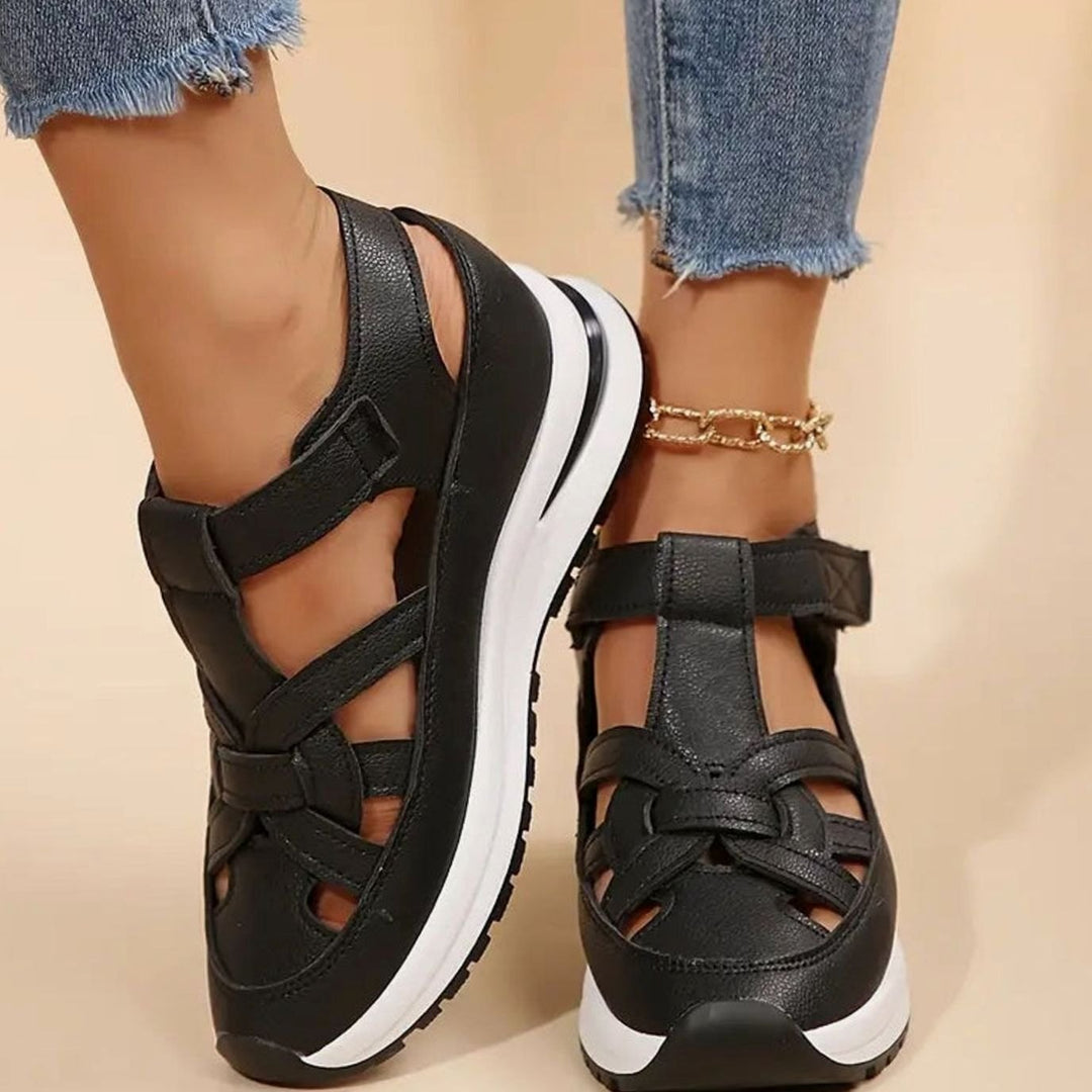 Women's Orthopedic Sandals Cutout Platform Hook-and-Loop Closed-Toe - Black