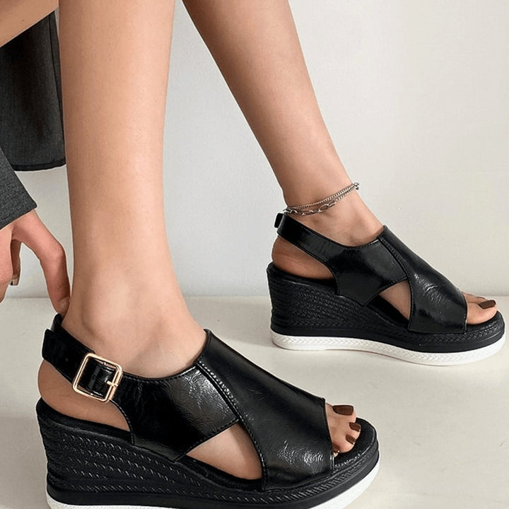 Women's Orthopedic Sandals Metallic Wedge Buckle Slingback - Black
