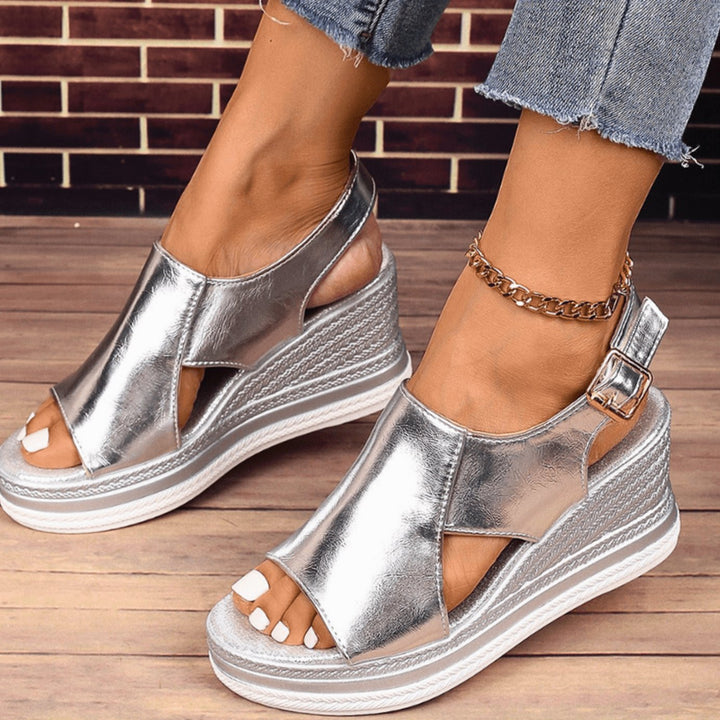 Women's Orthopedic Sandals Metallic Wedge Buckle Slingback