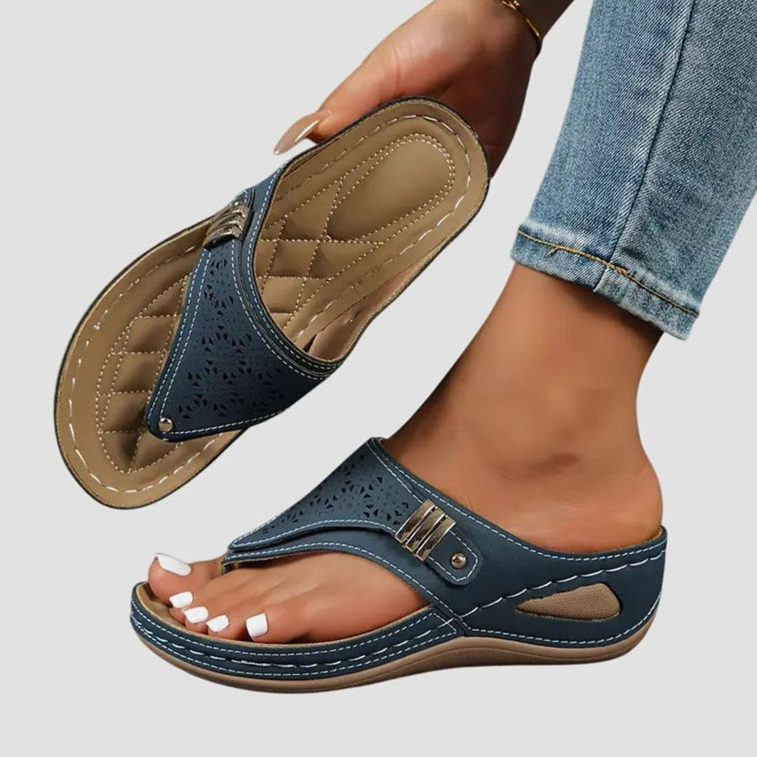 Women's Orthopedic Sandals Slip-On Wedge Toe-Loop Arch Support - Navy