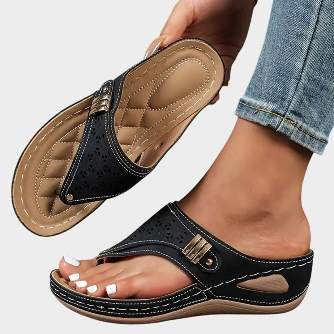 Women's Orthopedic Sandals Slip-On Wedge Toe-Loop Arch Support - Black