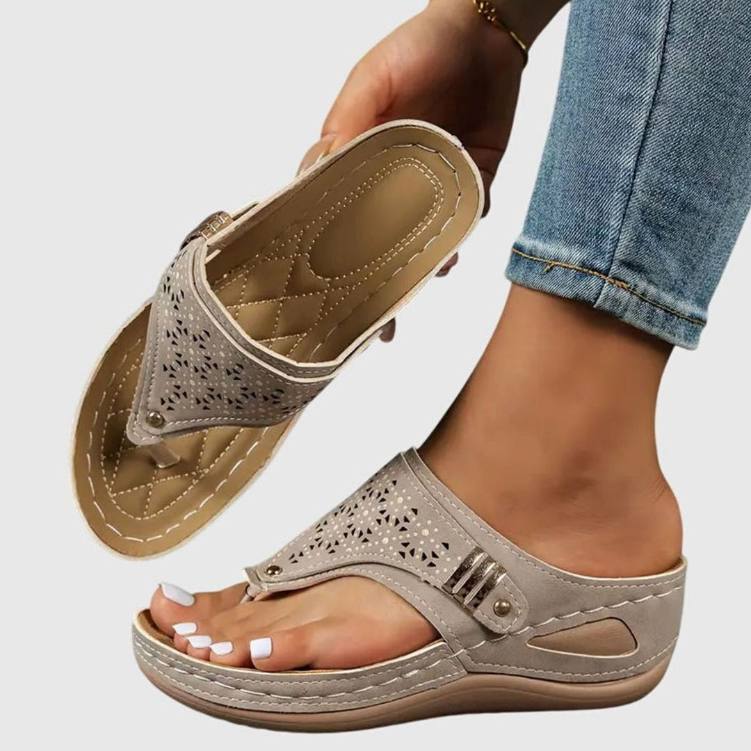 Women's Orthopedic Sandals Slip-On Wedge Toe-Loop Arch Support - Khaki