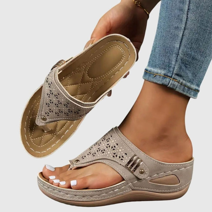 Women's Orthopedic Sandals Slip-On Wedge Toe-Loop Arch Support - Khaki