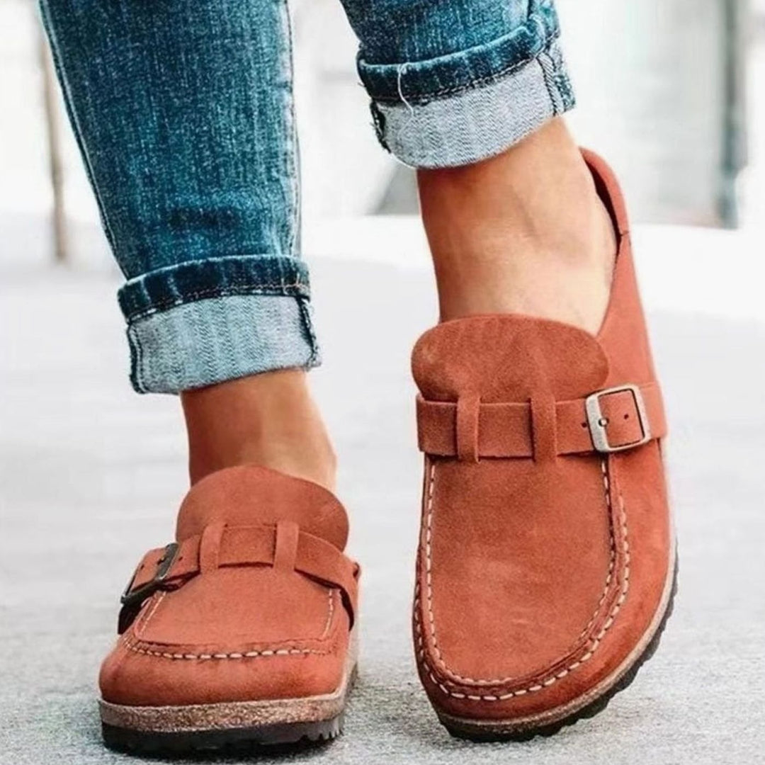 Women's Orthopedic Slip-On Suede Buckle Strap Clogs - Rust