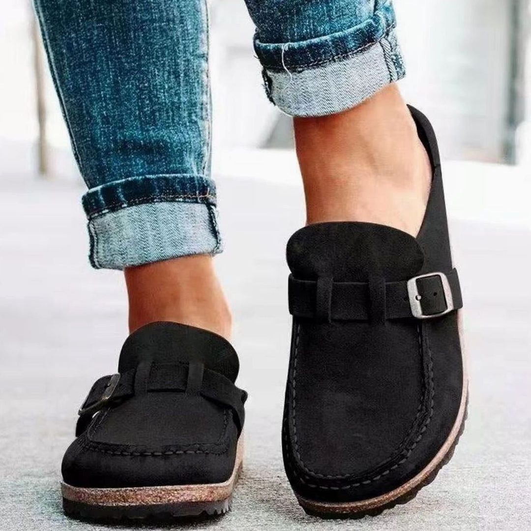 Women's Orthopedic Slip-On Suede Buckle Strap Clogs - Black